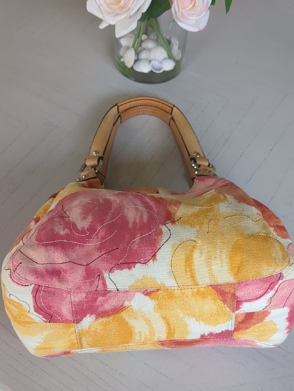 Vintage Coach 2002 Floral Fabric Maggie Shoulder Bag in Yellow & Pink - Picture 7 of 15